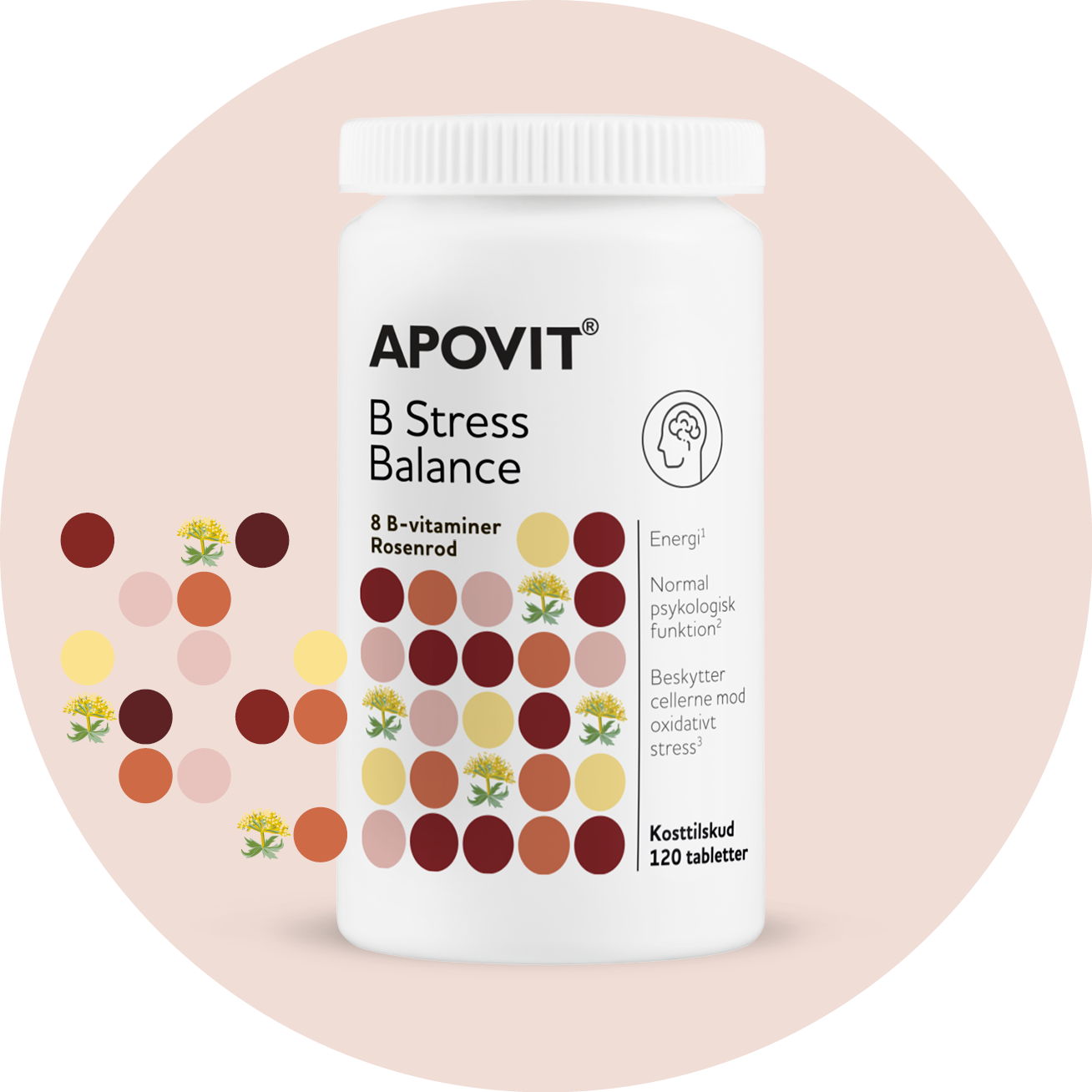 APOVIT B Stress Balance med 8 B-vitaminer og rosenrod. B-vitaminer bidrager til normal psykologisk funktion.