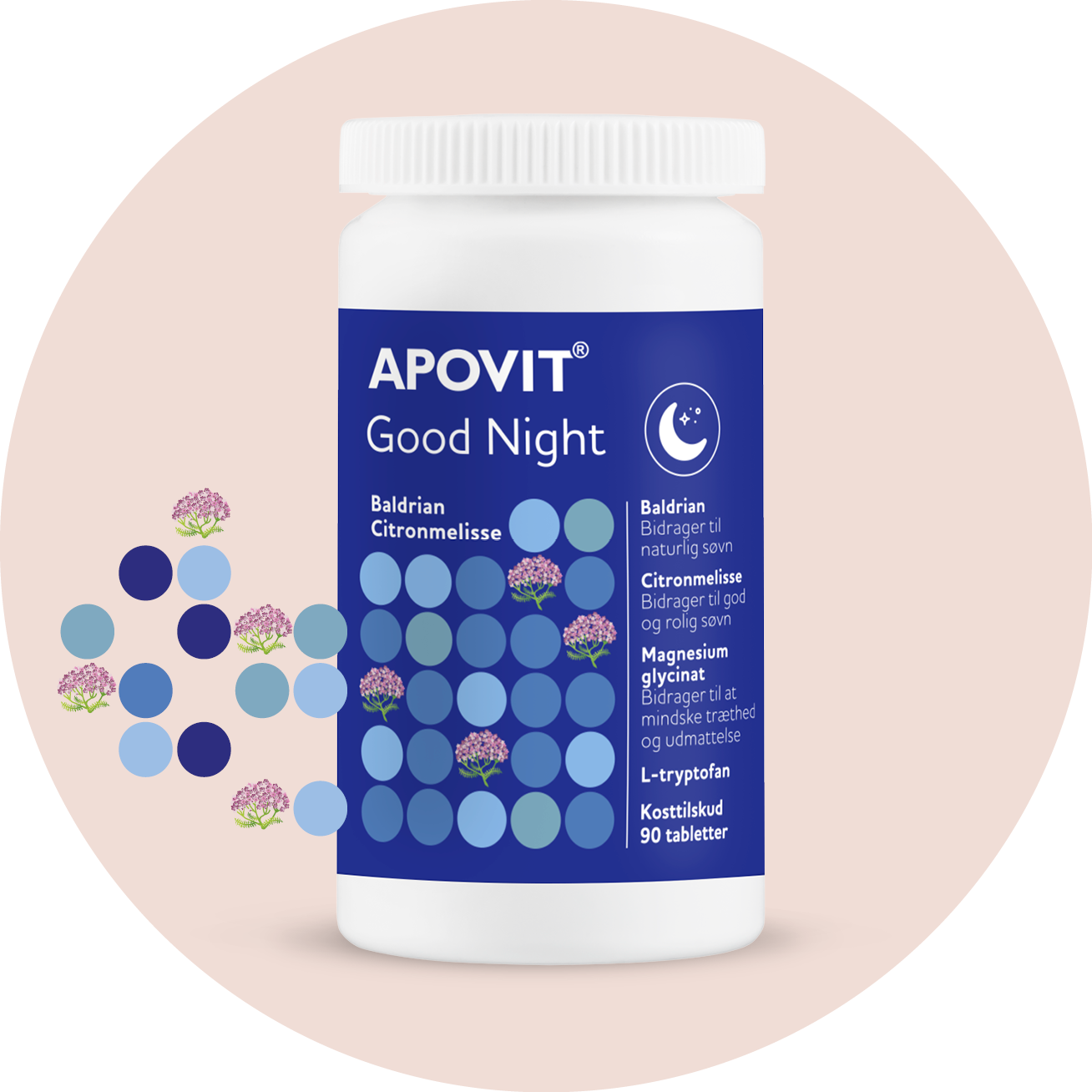 APOVIT Good Night kosttilskud med baldrian, citronmelisse, L-tryptofan og magnesium. 90 tabletter.